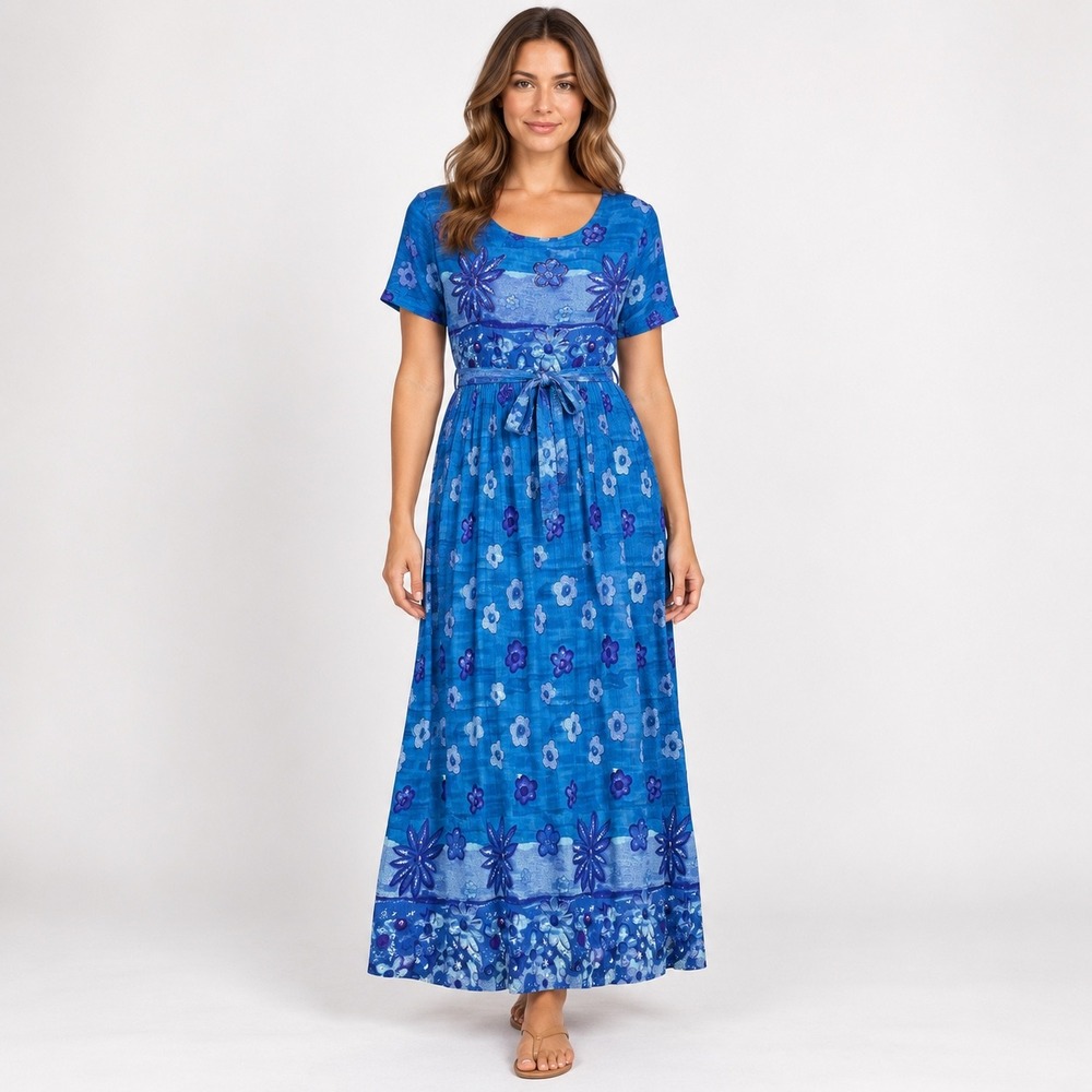 Vintage M.P.H. Blue Floral Beaded Rayon Maxi Dress Size Medium Sheer Hippie Boho